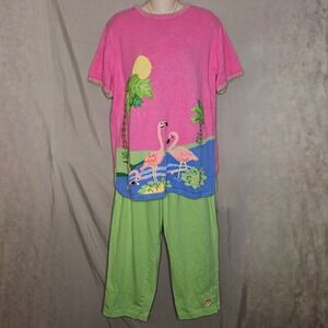 Vintage The Quacker Factory Flamingo Knit‎ Set Tropical Top & Pants